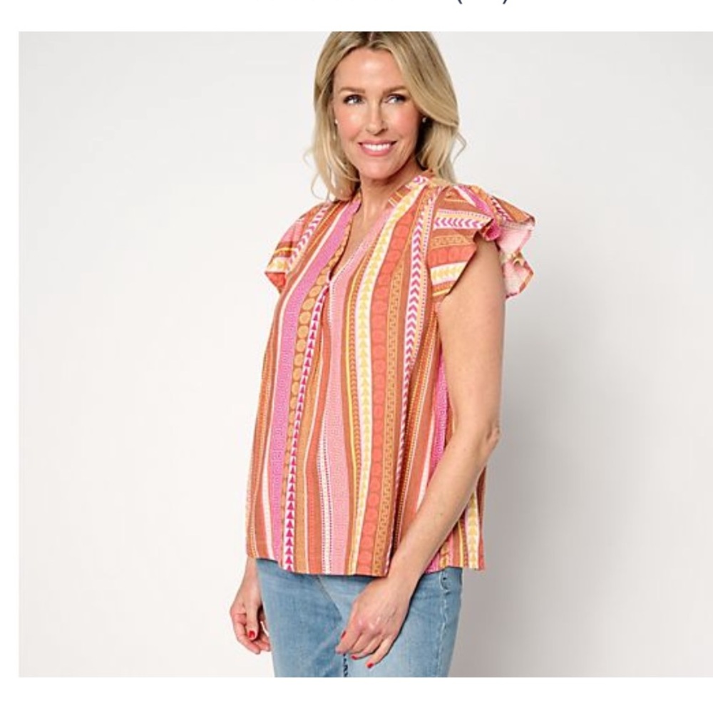 Studio Park x Kerstin Lindquist Color Pop Boutique Top- Med in Pink Geo Stripe